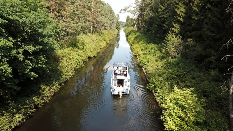 Tom Cat cruising through a forest canal — aerial view