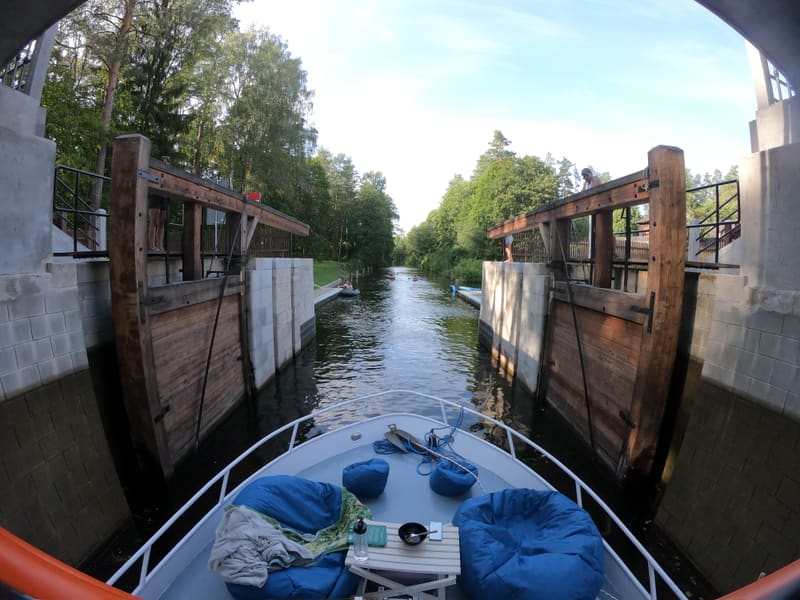 Wooden locks of the Augustów Canal seen from the bow